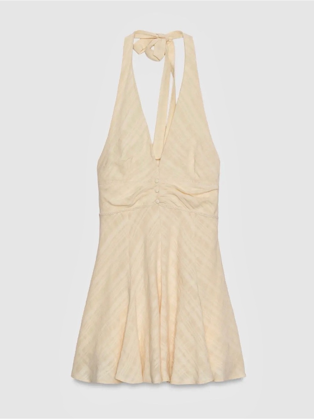 Zara NWT textured v neck open back Halter Mini Dress in Cream